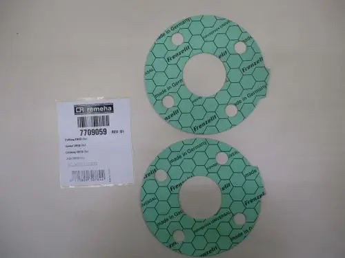 Zwei runde Dichtungen aus grünem Material mit hexagonalem Muster, gekennzeichnet mit "Frenzelli" und "Made in Germany", neben einem Etikett von Remeha.